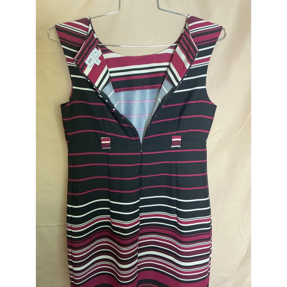 Shelby Palmer Sheath Dress Womens 12 Black Burgundy Striped Sleeveless Excellent - Picture 11 of 15